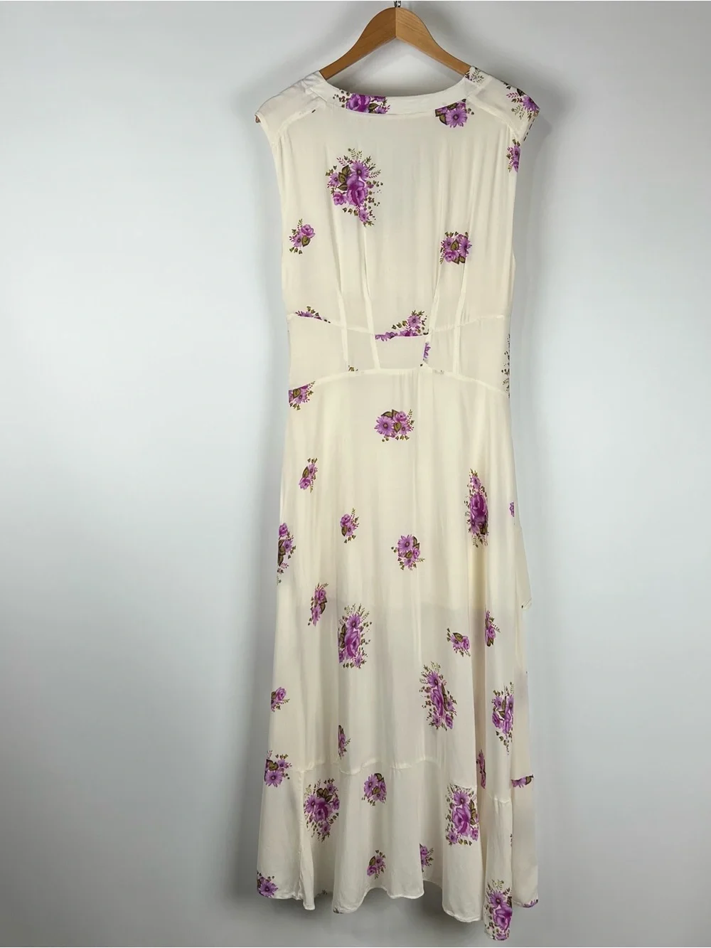 Free People Birdie Floral High-Low Midi Dress Feminine Boho Ivory Purple Size 8